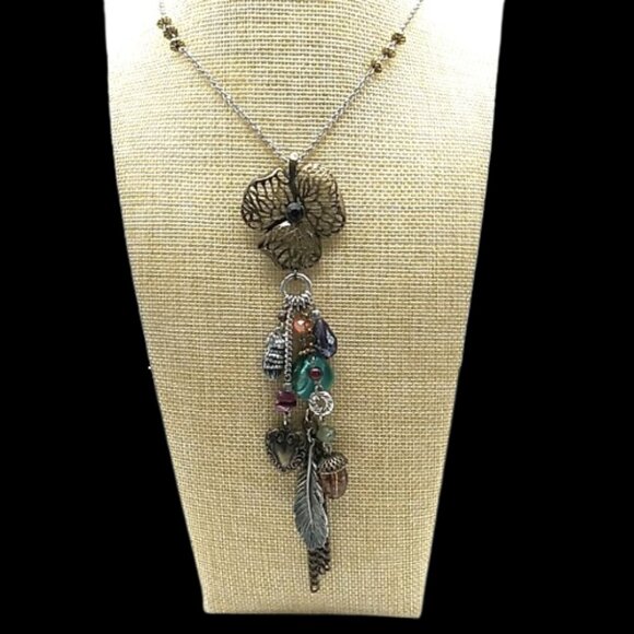 M&S Long Boho Charm Necklace Mixed Metals Colorful Beads Nature-Inspired Dangles - Picture 14 of 16